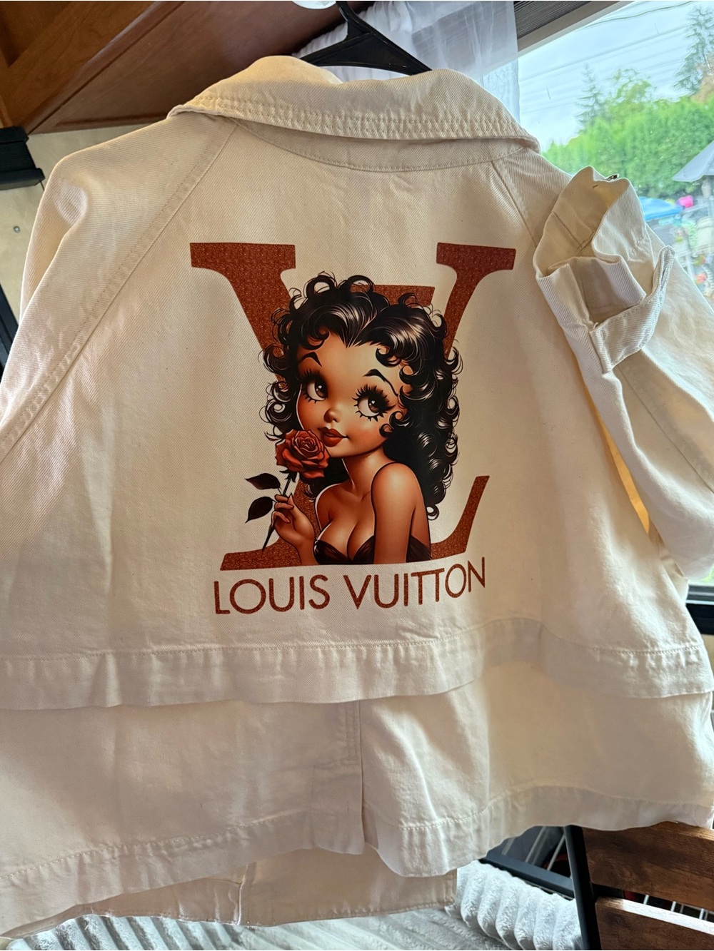 Women's Cream Color Denim Double-Breasted Jacket with Bougie Patch on Back